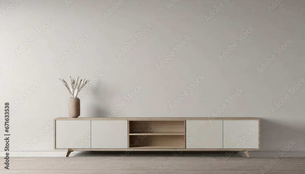 Simple minimal cabinet for tv interior wall mockup - obrazy, fototapety, plakaty 