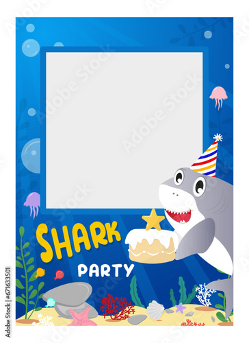 Shark party photo frame background. Undersea kids Birthday party poster. Cartoon vector illustration