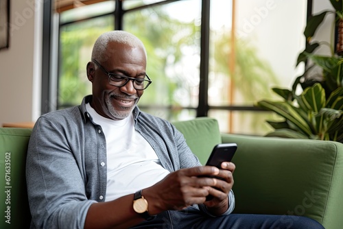 Confident and happy mature man 50-60 years old using smartphone at home and showing his modern digital lifestyle. photo