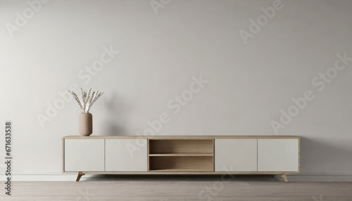 Simple minimal cabinet for tv interior wall mockup photo