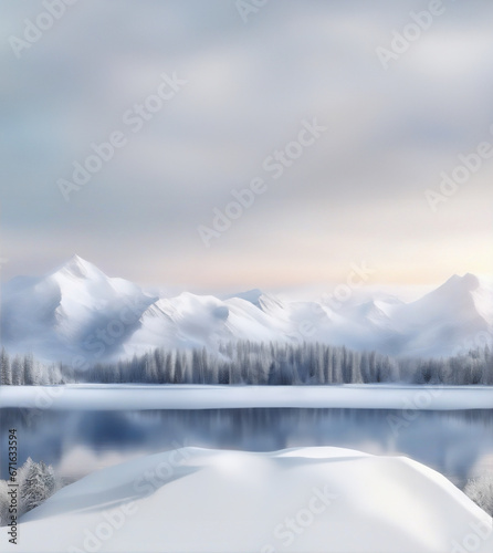 Empty nature podium with snowy trees, lake, and panoramic landscape. Calm and elegant winter atmosphere. Mockup for product presentation, branding, packaging, marketing, web, banner, editorial, print. © Hula-Loop-Dee-Doo