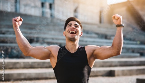 Strong athlete raises hands up and screams with energy he is feeling  © Marko