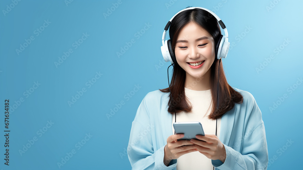 Young pretty woman smiling happy holding mobile phone and using earphone. Typing message doing ecommerce shopping on cell, using trendy apps on cellphone isolated on blue background with copy space. Young pretty woman smiling happy holding mobile phone and using earphone. Typing message doing ecommerce shopping on cell, using trendy apps on cellphone isolated on blue background with copy space.