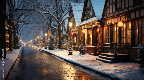 Weihnachten Neujahr Straße Häuser Winter Landschaft Schnee generative AI