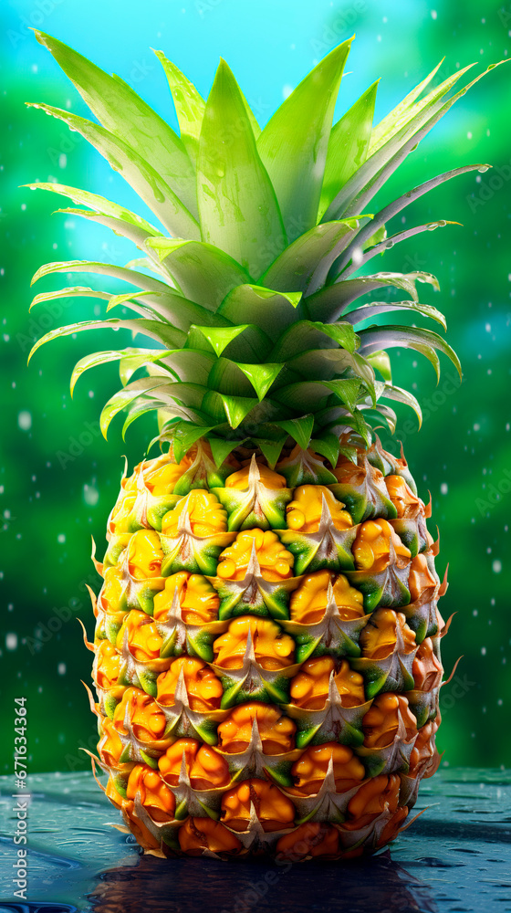 Pineapple with water drops on the background of the summer landscape Pineapple with water drops on the background of the summer landscape