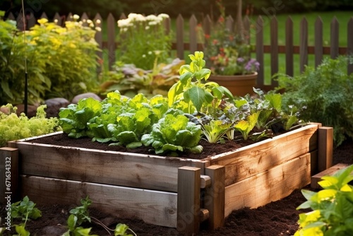 A wooden box filled with soil acting as a vegetable bed in a backyard garden, following homesteading and ecological principles. Generative AI photo