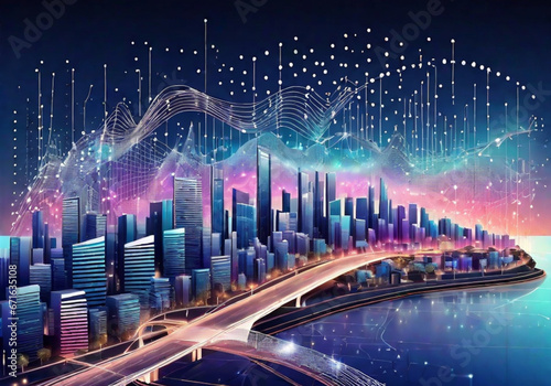 Panorama di una colorata città futuristica di notte. IA generativa. photo