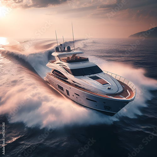 A stylish sea yacht with a streamlined shape cuts through water surface of the sea photo