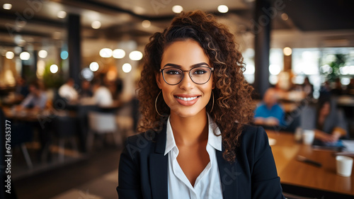 Portrait of a beautiful confident businesswoman smiling and standing in a modern office. For business, marketing, advertising concept. Generative AI