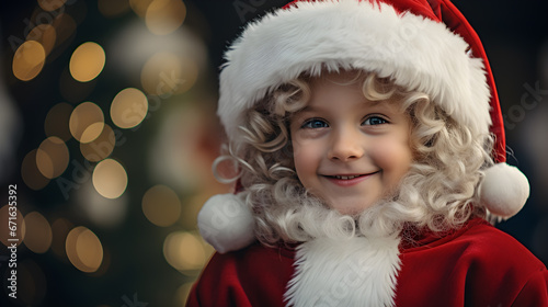 Smiling Kid in Santa Claus Costume, Santa's Little Helper, Child in Christmas Spirit, Curly Haired Santa, Adorable Santa Costume