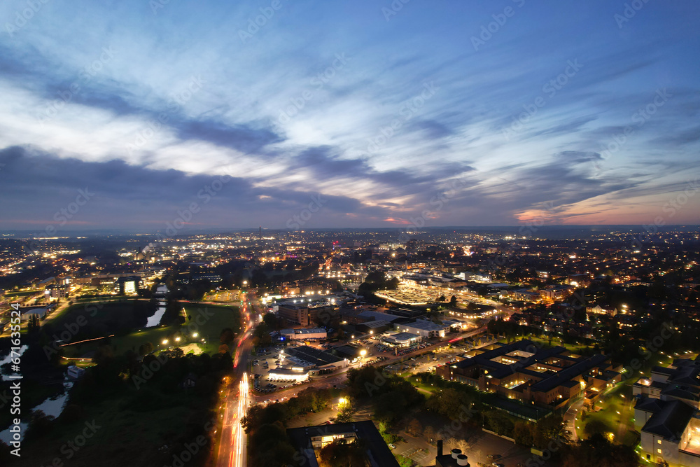 Gorgeous High Angle View of Illuminated British City at Just After Sunset