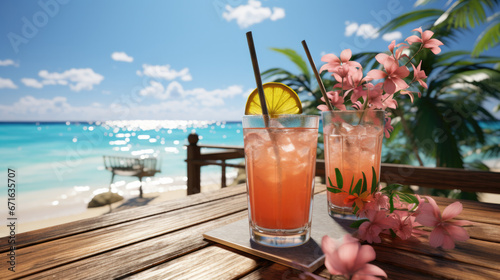 A glass of exotic fruit cocktail on the table against the backdrop of a tropical beach
