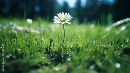AI generated illustration of a white flower stands out in stark contrast against a lush green field