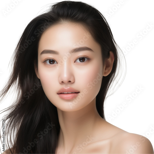 Beautiful asian woman with bright face and perfect skin. Model studio shoot on transparent background