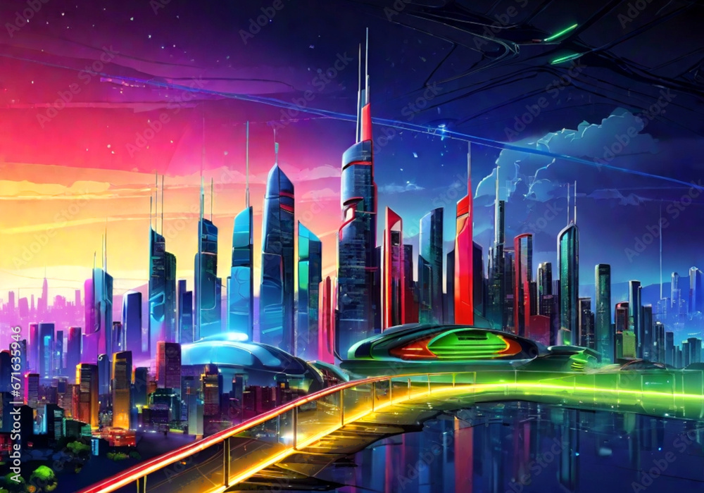 Panorama di una colorata città futuristica di notte. IA generativa.