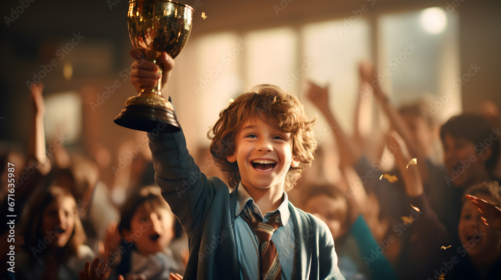 Obraz premium Perfect student, candidate holding trophy