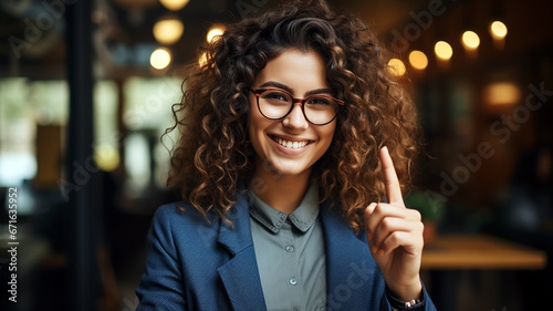 Smiling businesswomen pointing thumb. Confident young female entrepreneur standing inside office. For business, marketing, advertising concept. Generative AI photo