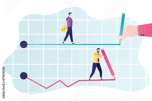 Direct path to success with help of business coach or mentor and winding path to success on your own. Businessmen walking various paths to goals - short and long ways to target and profit.