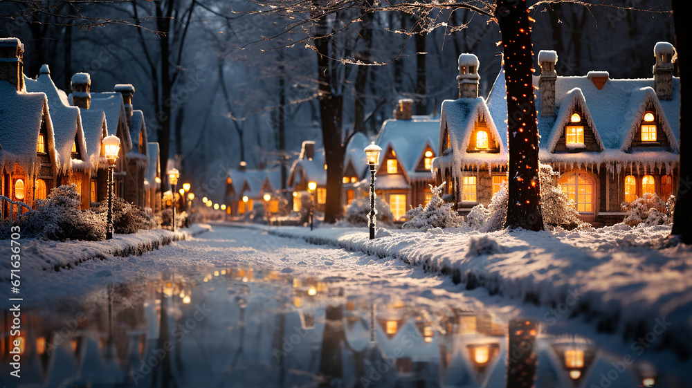 Weihnachten Neujahr Winter Landschaft Fluss Häuser generative AI - obrazy, fototapety, plakaty 