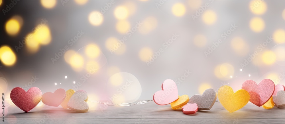 Valentine themed digital mockup or text background with pink and yellow heart shaped light bokeh on a grey backdrop