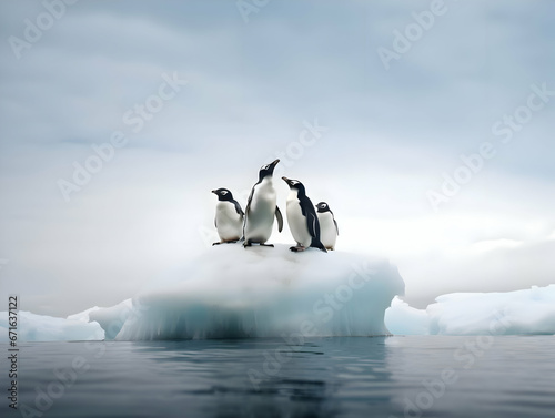 Photo of group of penguins on iceberg minimalism. High-resolution