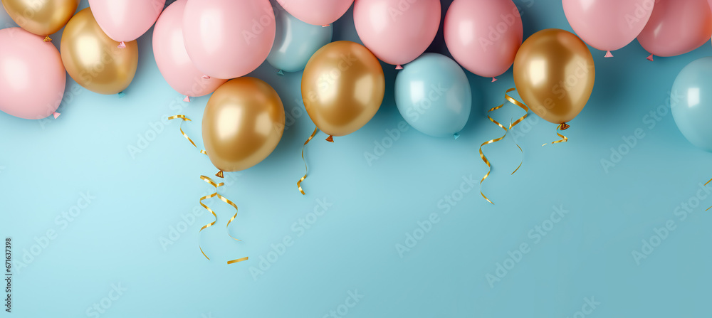 Pastel balloons on blue background. Birthday party background, Copy space.
