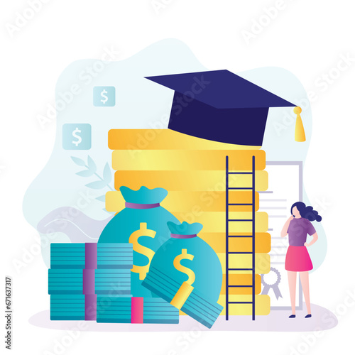 High tuition fee, poor girl thinks about student loan. Education credit or scholarship, college fee, tuition expenses, textbooks and graduation hat. Finance system,