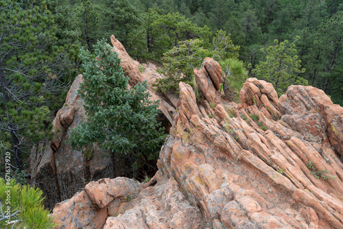 A rock formation in Garden of the Gods on a cloudy summer day in Colorado Springs, CO