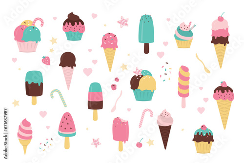 Delicious colorful ice cream set. Collection of various ice cream and popsicle cones with different toppings isolated on white background.  Elements for web design or print.