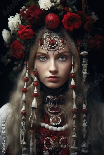 Beautiful Slavic girl with long brown hair with flower crown in white and red embroidered national costume. Woman in white dress and wreath. Traditional clothes of Ukrainian region. Ivana Kupala