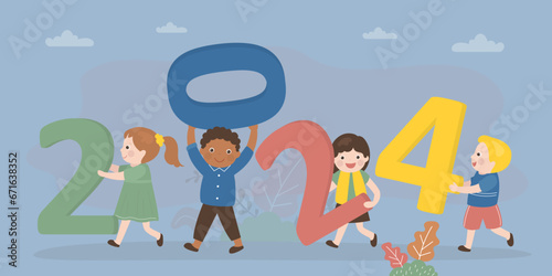 New 2024 year. Group of preschool kids celebrate for new year 2024. Happy multiethnic children carrying giant numbers.