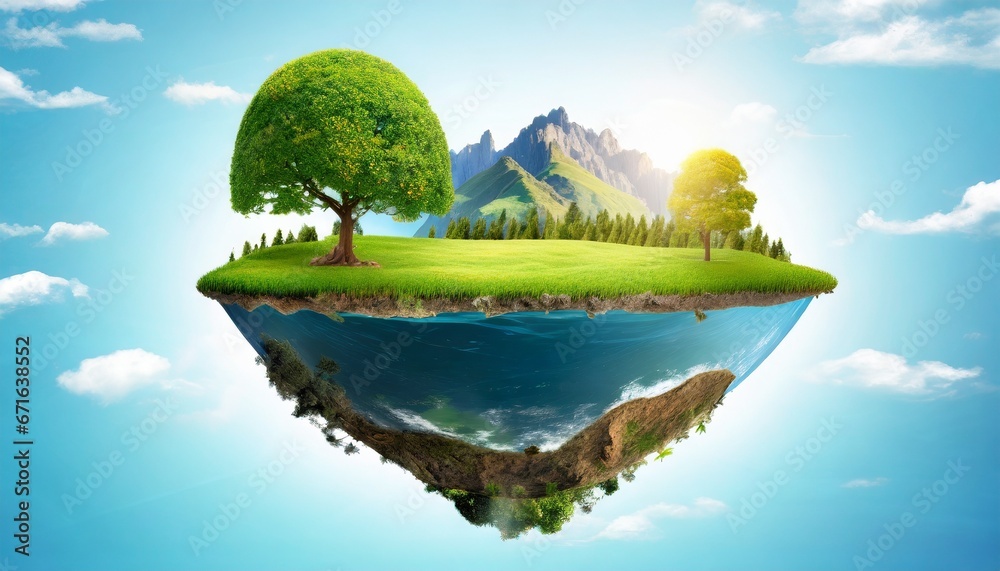 3d landscape with green grass surface, waterfall and trees, mountains. Earth globe isolated below the island.