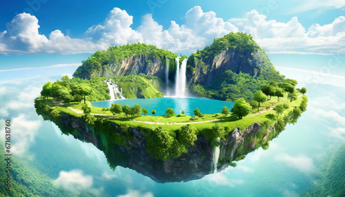 3d landscape with green grass surface, waterfall and trees, mountains. Earth globe isolated below the island. photo
