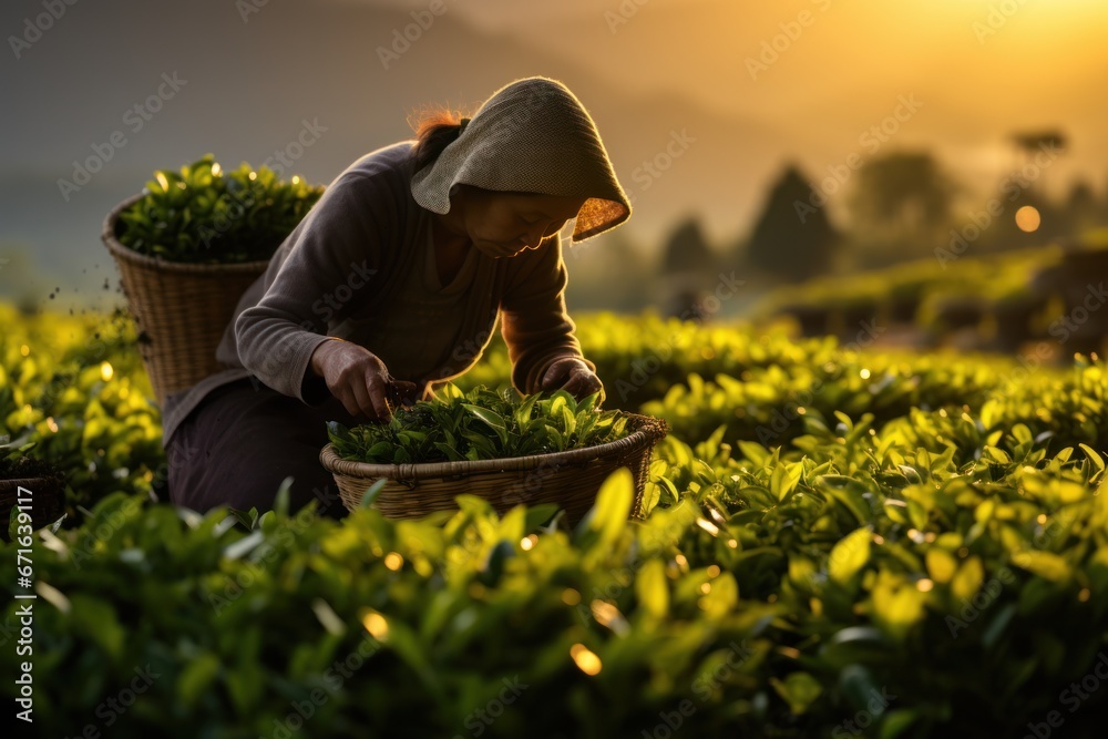 A woman harvests tea leaves at a tea plantation - obrazy, fototapety, plakaty 