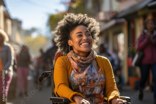 Cheerful African American woman in wheelchair © sirisakboakaew