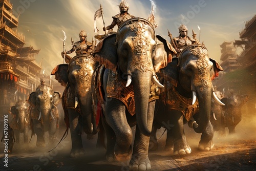A herd of war elephants in battle. Great for fantasy, historical fiction, ancient battles and more. 