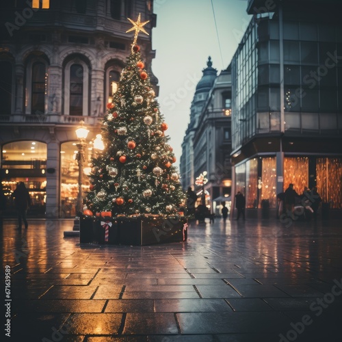 christmas tree with light in the middle of city,