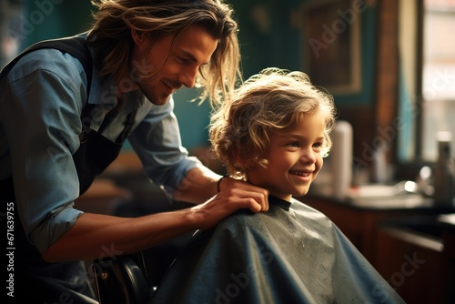 Child with at the hairdresser having a haircut
