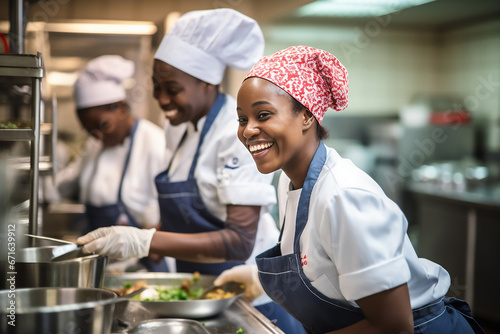 The portrait of the African female chief in the standard uniform of toque or chief hat, white coat, and clean apron group shot in the kitchen happily. Generative AI. photo