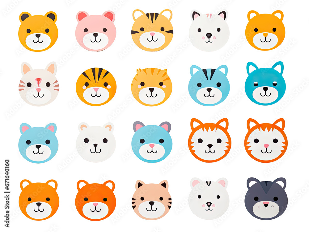 Set of fun kawaii kitten stickers for decoration of all kinds on a transparent background.