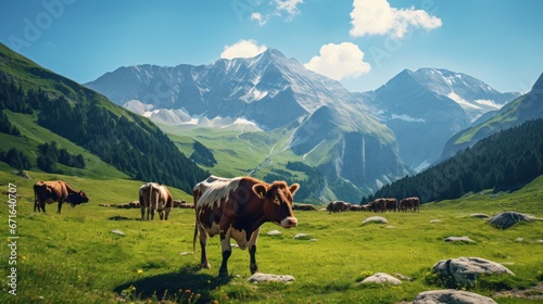 Herd of alpine cows grazing in mountains © sirisakboakaew