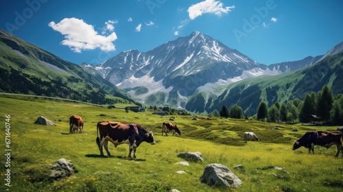 Herd of alpine cows grazing in mountains © sirisakboakaew