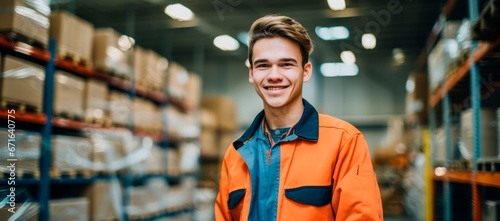 A smiling young man working on a warehouse a . Copy space for text, banner, background