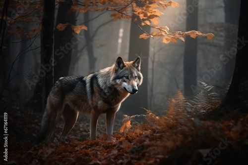 Enchanting wolf in a mysterious forest. Generative AI