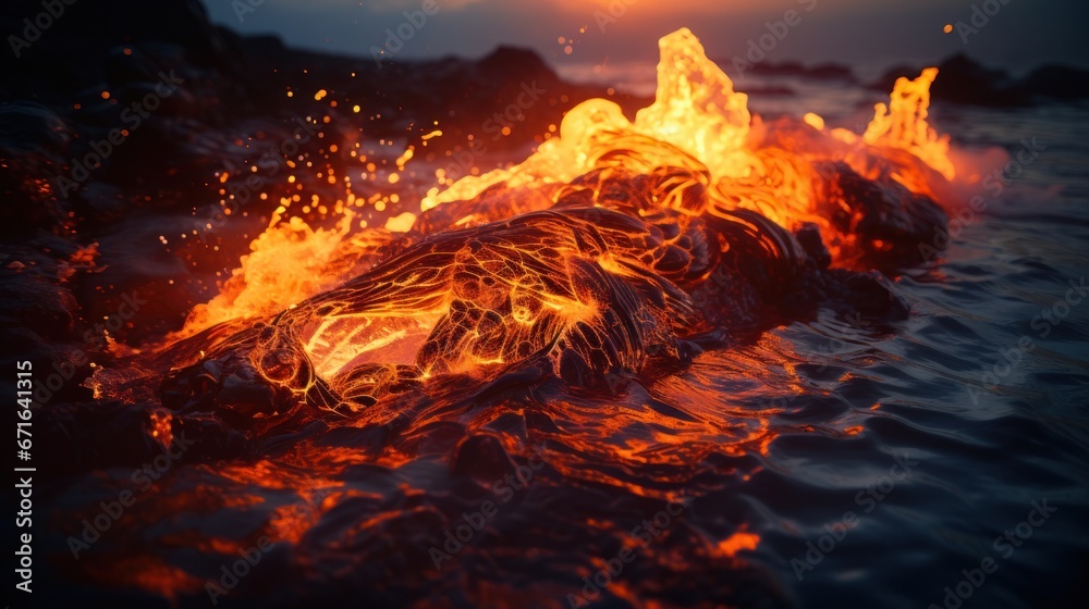 Molten lava solidifying near the ocean shore. Molten lava solidifying near the ocean shore.