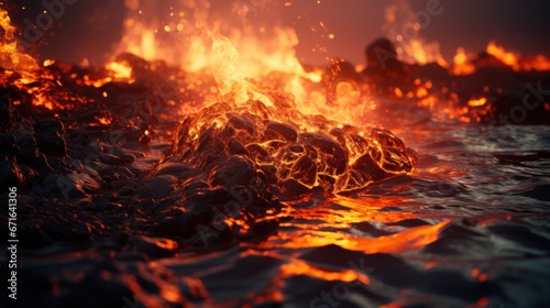 Molten lava solidifying near the ocean shore. © sirisakboakaew