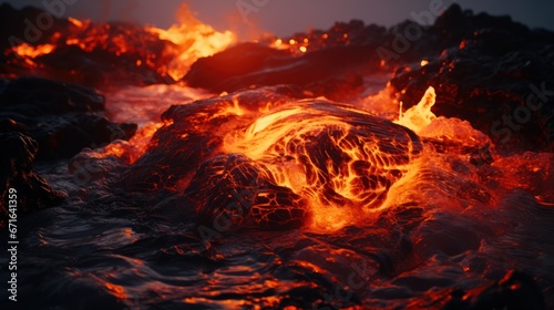 Molten lava solidifying near the ocean shore. photo
