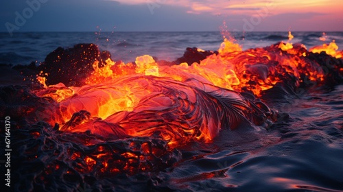 Molten lava solidifying near the ocean shore.