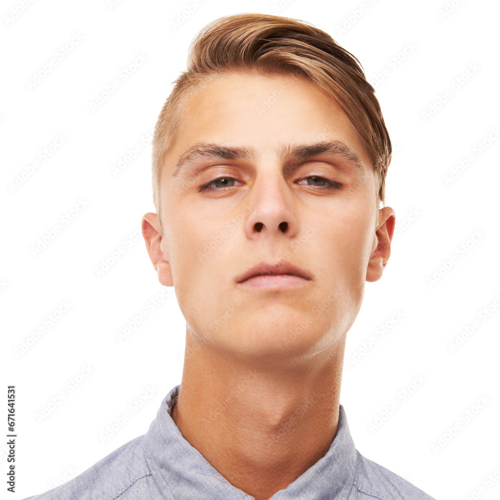 Portrait, handsome and a man with a headshot on a white background as serious, mean or confident. Face, young and a guy or person on a studio backdrop for cool, attitude or looking with a stare Portrait, handsome and a man with a headshot on a white background as serious, mean or confident. Face, young and a guy or person on a studio backdrop for cool, attitude or looking with a stare