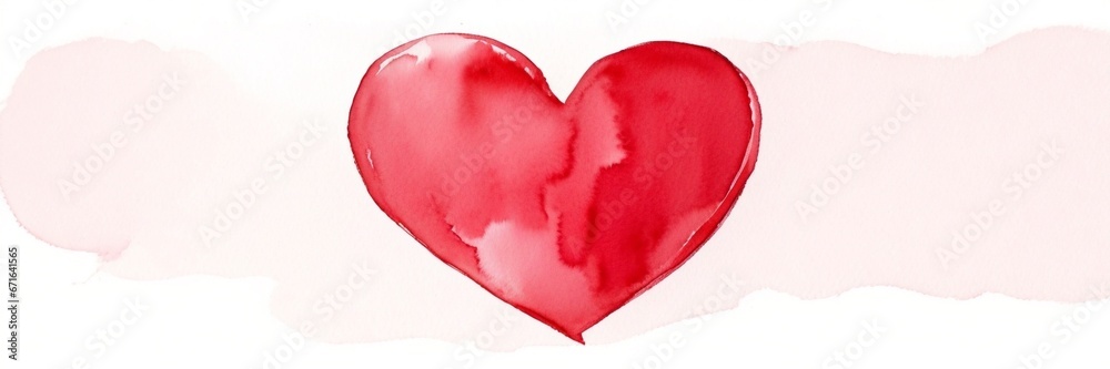Red watercolor heart shape. Banner with red heart in watercolor style. Love symbol on white background. 
